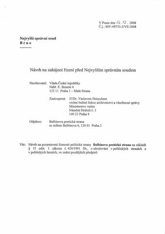KAUZA návrh na zrušení Balbinovy poetické strany – Správní soud odvolání (25. ledna LP 2009) – fotka 2