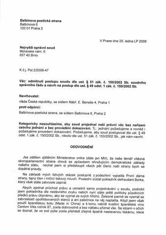 KAUZA návrh na zrušení Balbinovy poetické strany – Správní soud odvolání (25. ledna LP 2009) – fotka 5
